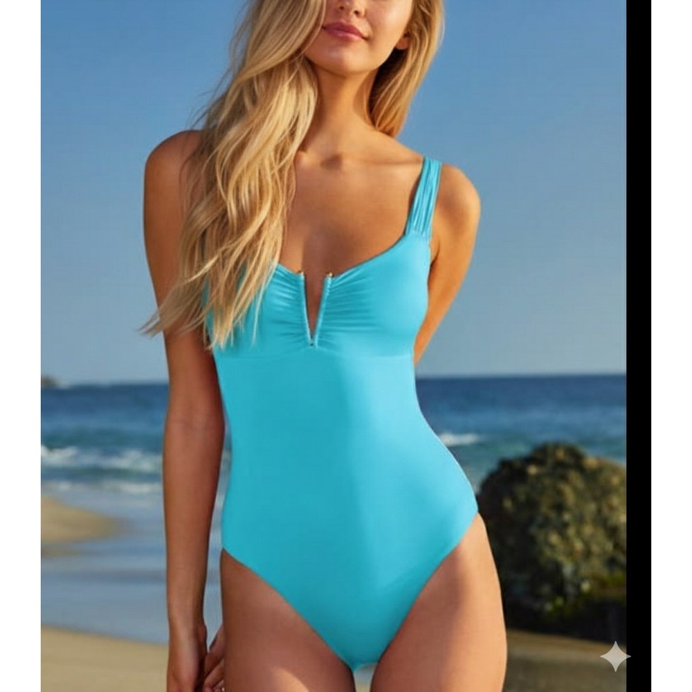 New Becca Shirred V-Wire One Piece Swimsuit Women's Tie-Back Pool Blue Large L